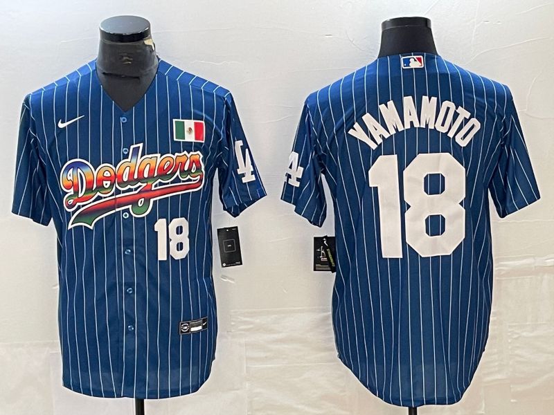 Men Los Angeles Dodgers #18 Yamamoto Blue stripe Nike Game MLB Jersey style 3->los angeles dodgers->MLB Jersey